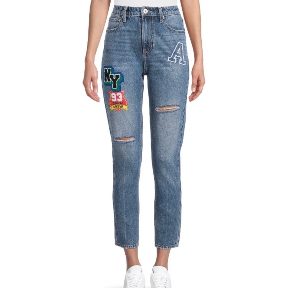 No Boundaries Patchwork Straight Leg Jeans Varsity Appliqué Mid Rise Blue 11
